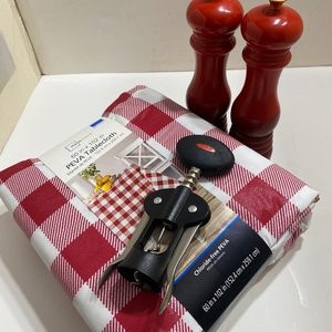 Tablecloth, Salt & Pepper Grinder, Corkscrew Opener